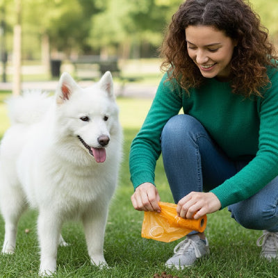 fille prent un sac crotte de son chien